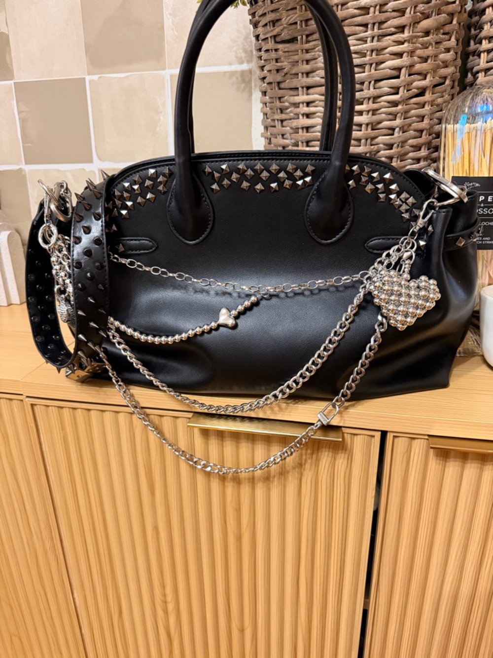 Black Studded Chain-Accent Leather Satchel - Unbranded